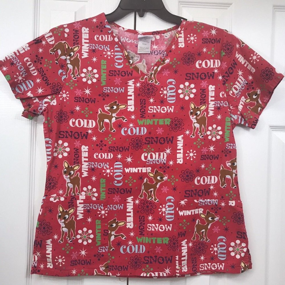 Rudolph The Red Noses Reindeer Scrub Top S Christmas Medical Winter Cold Snow